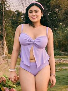 Swim Mod Plus Size Women's 2Pcs Crinkle Texture Rhinestone Embellished Front Slit Hem Top And High-Waisted Triangle Bottom Swimwear Set, Sweet & Cute, For Vacation & Daily Wear - Purple - View 6