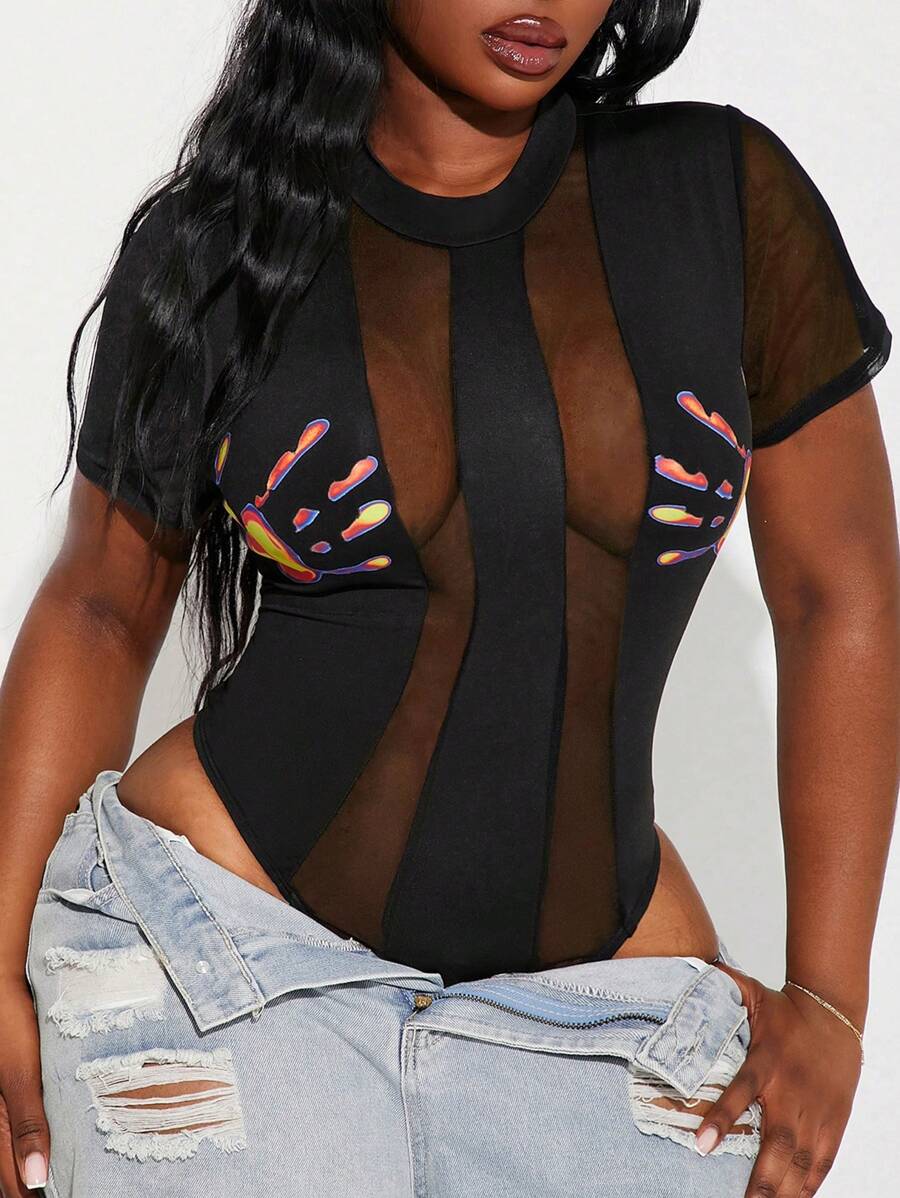 SHEIN SXY Plus Size Women Sheer Splice Patchwork Hand Thermal Imaging Print Sexy Bodysuit, Suitable For Everyday Wear, Music Festival, Concert, Carnival Party, Beach Vacation, Date Night, Birthday, Bachelorette Party Outfit, Club, Cute, Casual, Shopping, Streetwear, Going Out, Easy To Match & Looks Slim, Accent Your Body, Flatter The Figure - Black - View 1