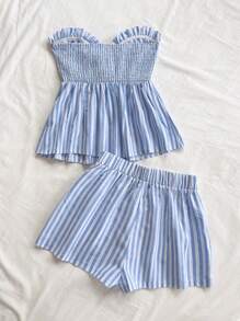 Soleia Women 2Pcs Set: Striped Print Ruffle Hem Tie Front Camisole Top & Casual Shorts Suit, Vacation Beach Party,Summer Sets - Blue and White - View 2