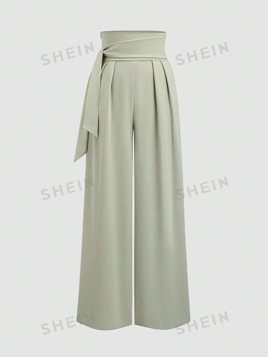 Sweetra Pantalones rectos de cintura alta y pernera ancha con amarres, minimalistas y de moda, apropiados para el verano