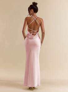 SHEIN BAE 杏色白色深 V 领细肩带超长露背系带缎面鱼尾连衣裙，优雅连衣裙，度假连衣裙，伴娘连衣裙，生日派对连衣裙，毕业礼服，白色连衣裙 - 珊瑚粉 - 查看 2