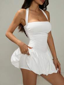 SHEIN PETITE 女士系带露背纯色简约休闲迷你泡泡裙 - 白色 - 查看 8