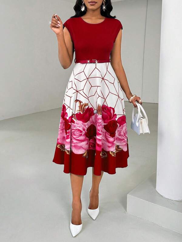 Lyxana Robe femme avec design de taille cintrée à imprimé floral patchwork