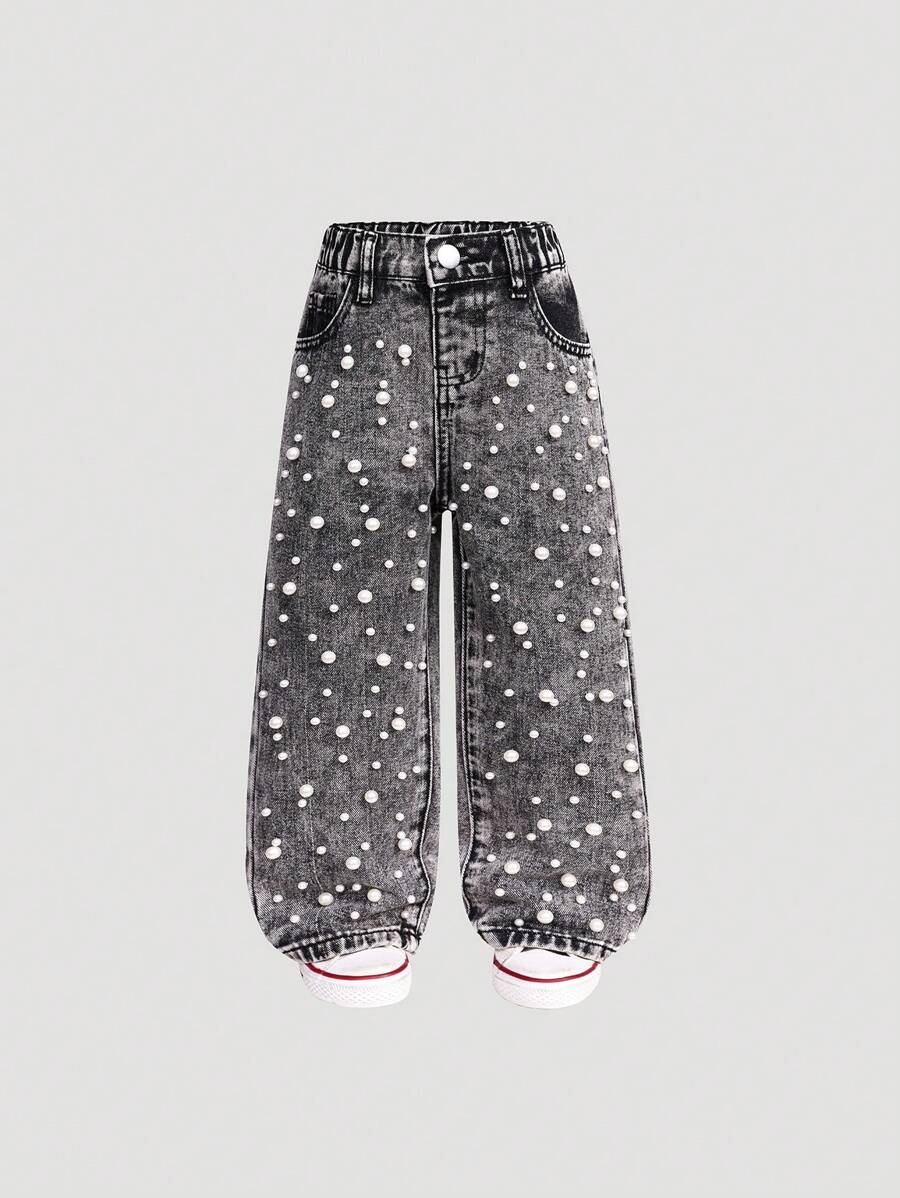 SHEIN Girls' European And American Fashion Faux Pearl Embellished Straight Leg Jeans - Grey - View 1