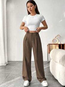 SHEIN Tall Women Solid Color Pleated Loose Straight Leg Pants Fall Cloth For Women - Brown - View 5