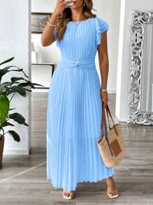 SHEIN Clasi Plus Size Women Elegant Solid Color Pleated Twist Dress - Blue - View 3