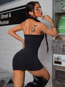 SHEIN ICON Women's Front Zipper Backless Halter Neck Bodycon Mini Denim Dress - Dark Grey - View 2