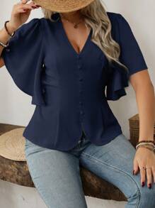 EMERY ROSE Áo cánh tay ngắn cổ chữ V phong cách Pháp thanh lịch cho nữ, trang phục công sở thường ngày, ngày lễ, cỡ lớn, eo nhún, tay loe, mùa xuân/hè - Màu xanh hải quân - Xem 3