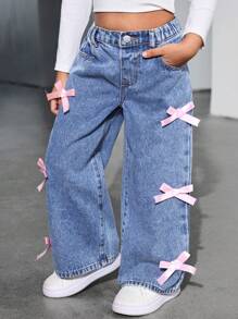SHEIN Young Girl Y2K Cute Pink Bow Decor Loose Blue Denim Wide Leg Pants, Girl Fall And Winter Denim Jeans,Cool/Girls Thanksgiving, - Light Wash - View 5