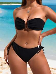 Swim Vcay 女士简约纯色露肩比基尼套装，夏季海滩 - 黑色 - 查看 1