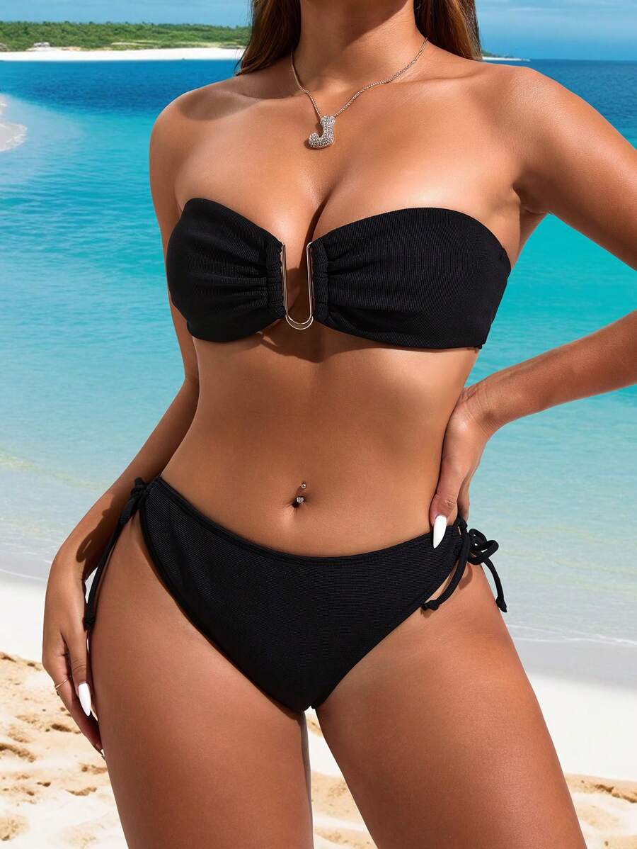 Swim Vcay 女士简约纯色露肩比基尼套装，夏季海滩 - 黑色 - 查看 1