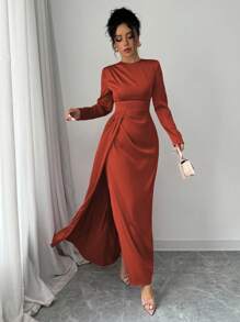 Elenzga Women Solid Satin Ruched Shoulder Party Elegant Long Sleeve Dress With Side Slit Maxi Women Outfit Fall Cloth For Women - Burnt Orange - View 3