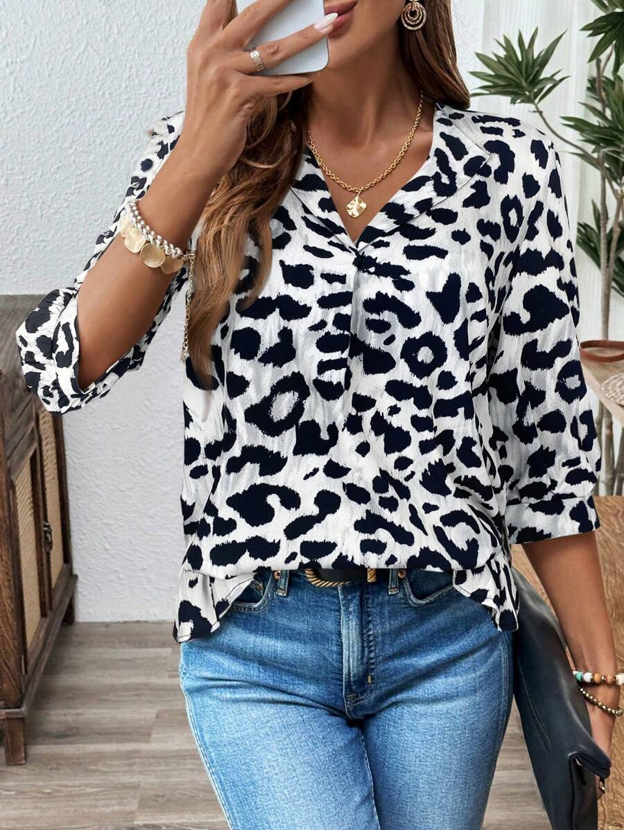 SHEIN LUNE Women's Leopard Print 3/4 Sleeve Casual Loose Blouse Cheetah Print,Casual - Black and White - View 1