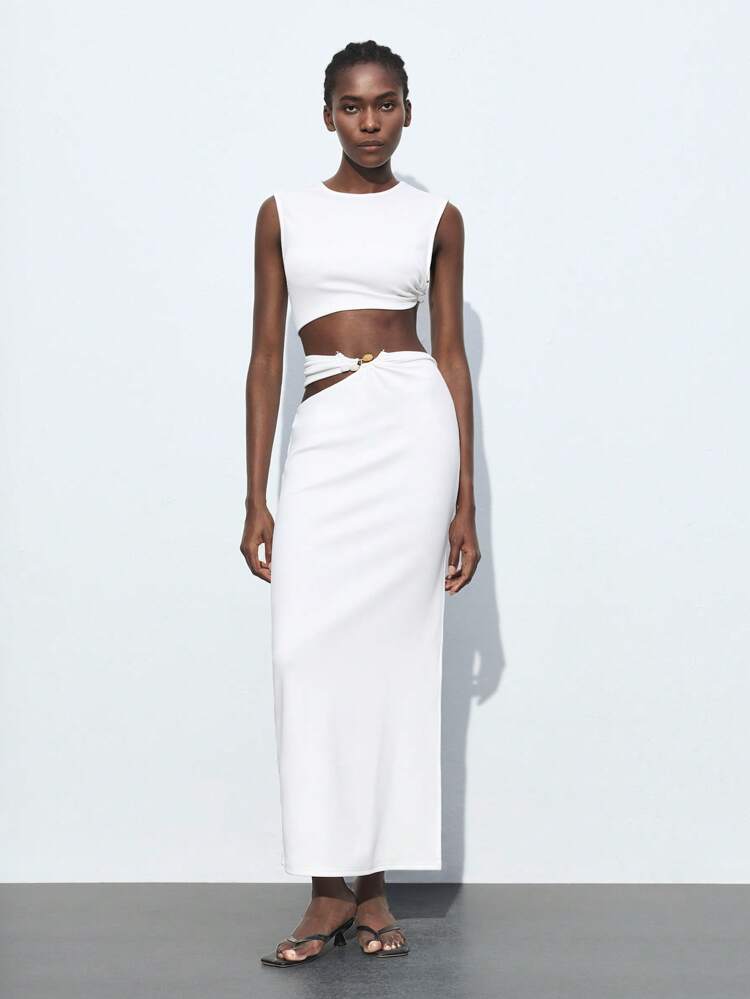 SHEIN Maija 2025 Summer New Arrivals Fashionable & Elegant Wedding Guest/Brunch/Airport/Resort/Music Festival/Easter/Graduation Casual Asymmetric Metal Buckle Decorated Skirt For Women