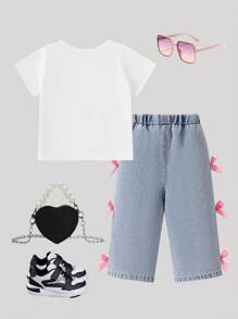 SHEIN Playful Pals 女婴夏季休闲可爱粉色蝴蝶结印花短袖上衣和牛仔裤套装，带多个丝带蝴蝶结装饰，韩版风格 - 白色 - 查看 2