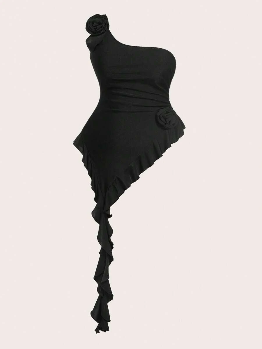 SHEIN EZwear Plus Size Women's Black Ruffled Sleeveless Floral Decor Blouse Tops For Camping