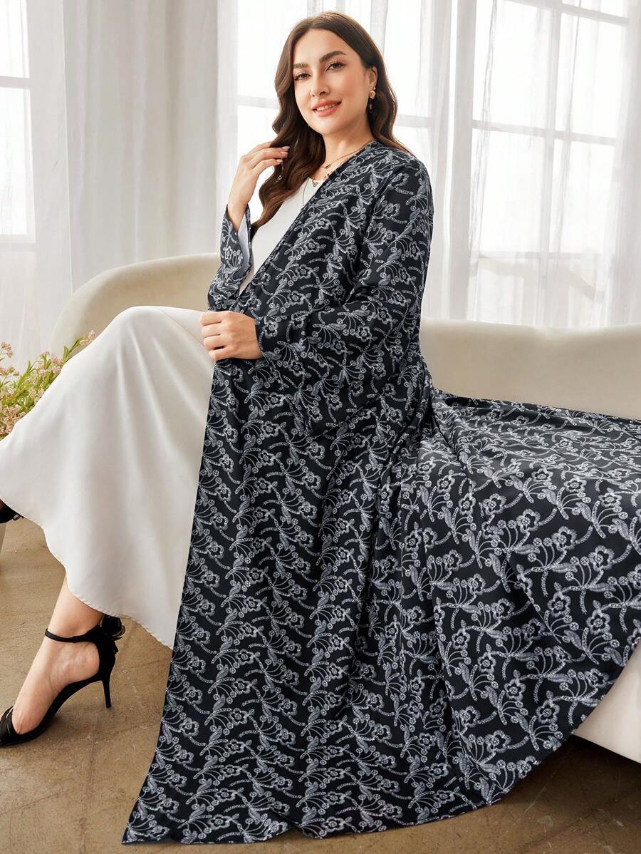 Al Najma Plus Size Women's Elegant Floral Embroidered Arabic Abaya, Robe, Modest