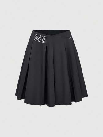 ROMWE Avant Women's Grey Pleated Skirt, Athletic Ballet Graphic Embroidered Low Waist Knee-Length Skirt