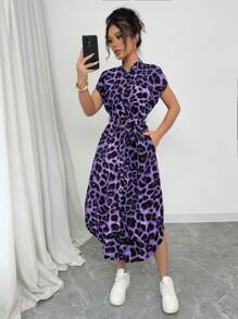 Chiquease Women's Casual Vacation Travel Leopard Print Front Button Shirt Belt Bow Pocket Side Slits 2025 Summer New Short Sleeve Long Dress