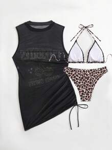 Swim Vcay Leopard Print Bikini With Chiffon Cover-Up Set, Vacation & Beach - Black - View 2