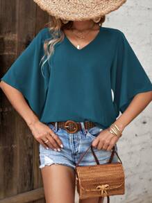 LUMIGAL Women's Solid Color Short Sleeve V-Neck Blouse, Minimalist And Fashionable, Suitable For Summer - Teal Blue - View 4