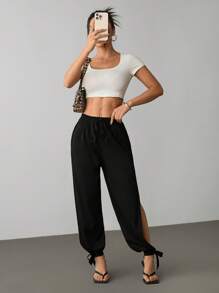 SHEIN PETITE Pantalones harem de cintura alta de unicolor con recortes para mujer - Negro - Ver 3