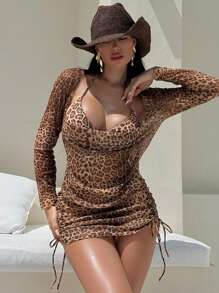 SHEIN Traje de baño de 4 piezas, sexy y elegante con diseño de leopardo y espalda descubierta para mujer
