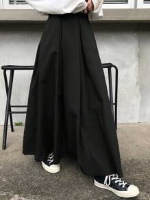 FRIFUL Women's Khaki High Waist Pleat Design Skirt - Black - View 3