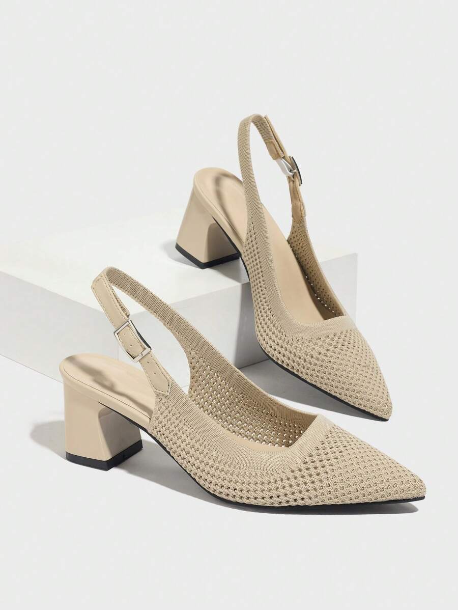 CUCCOO BASICS Women's Pointed Toe Chunky Heel Mid-Heel Black Knit Backstrap Slingback Summer Breathable Spring Shoes For Christmas - Apricot - View 1