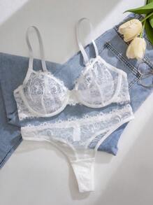 SHEIN 2 件套蕾丝钢圈薄款内衣套装包括胸罩和丁字裤 - 白色 - 查看 1