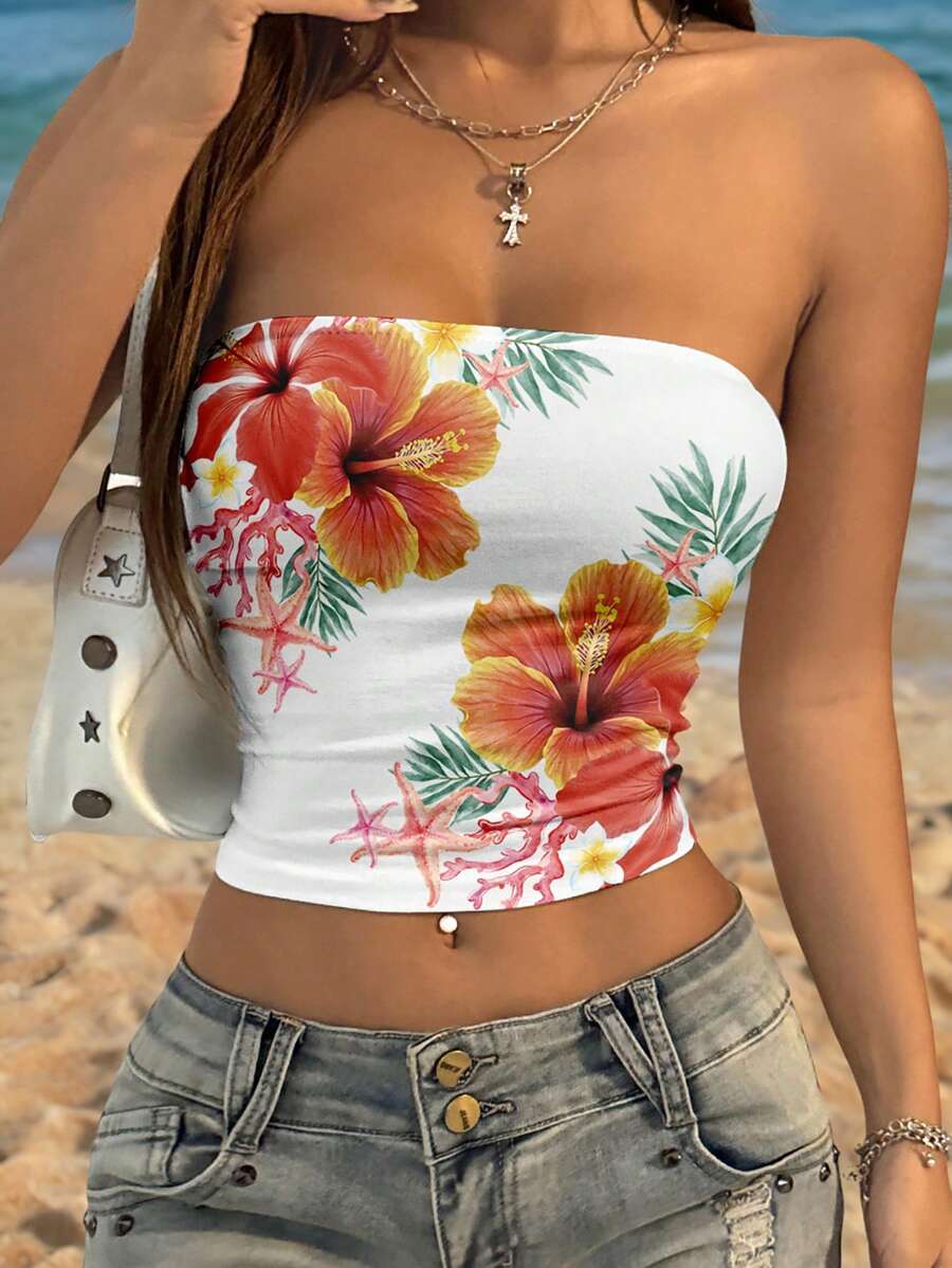 SHEIN Unity Áo crop top in hoa dâm bụt ngọt ngào cho nữ, phong cách bãi biển nghỉ dưỡng mùa hè - Nhiều màu - Xem 1
