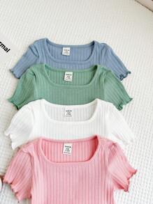 Set de 4 blusas de manga corta con volantes y diseño de niña de unicolor casual para bebé - Multicolor - Ver 4