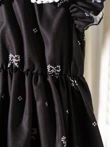 Girl's Bow Print Peter Pan Collar Cap Sleeve A-Line Dress