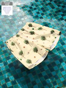 Manfinity Swimmode Men Coconut Tree Print Letter Patch Detail Drawstring Waist Swim Trunks,Hawaiian - Apricot - View 3