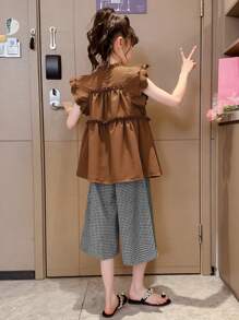 SHEIN 2pcs/Set Tween Girl Cap Sleeve Shirt & Plaid Pants Set,