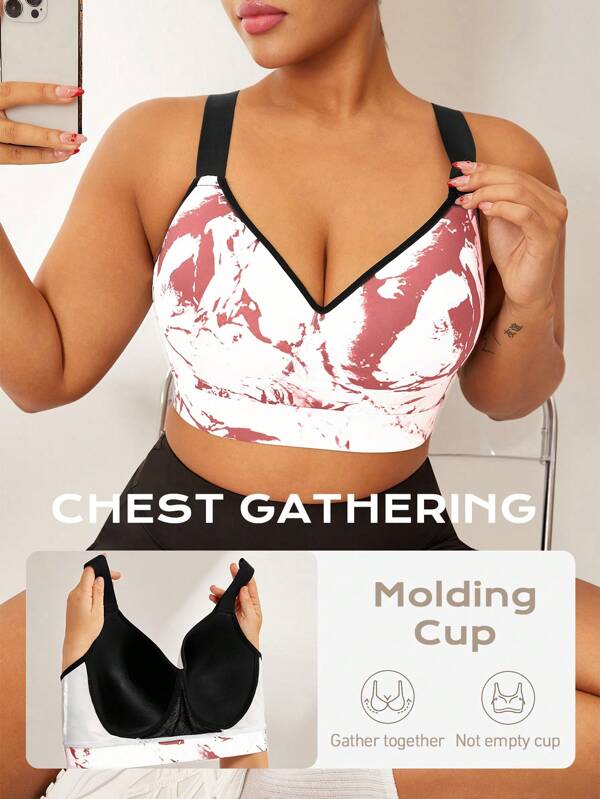 SHEIN Sport Studio Plus Size Ink Print Sports Bra With Fixed Cup, Adjustable Shoulder Straps, High Support
