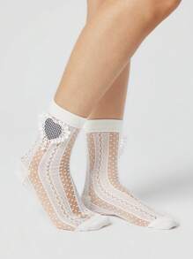 ROMWE Kawaii 1 Paio di calze lunghe versatili da donna con decorazioni in cristallo a cuore bianco a quadri e a pois nere a onde, traspiranti, adatte per tutte le stagioni