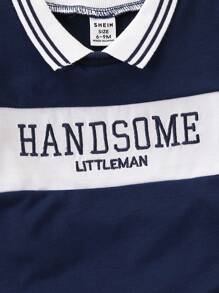 SHEIN Playful Pals 2 件套男婴休闲双色字母刺绣 Polo 衫和短裤，可爱舒适，适合春夏季、户外、拍照、派对、日常穿着 - 寶藍色 - 查看 6