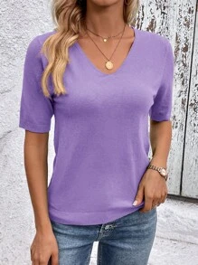 SHEIN Clasi Women's Solid Color V-Neck Short Sleeve Casual Knitted Top, Versatile