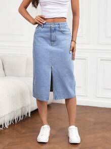 SHEIN Tall Jupe évasée en jean casual pour femmes avec poches et fente sur le côté