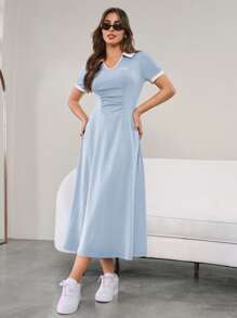 Seusyu Women's Contrast Color Collar Pleated Short Sleeve Casual Dress - Blue and White - View 6