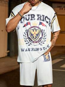 PAVTROS 男士礼物，男士超大图案闪电鹰展翅、国旗皇冠字母印花圆领短袖 T 恤和短裤休闲套装，日常适合朋友、男朋友礼物 男士服装 男士 T 恤套装 男士服装 男士 T 恤套装 男士两件套服装 男士 T 恤套装 男士俱乐部服装 - 杏色 - 查看 2