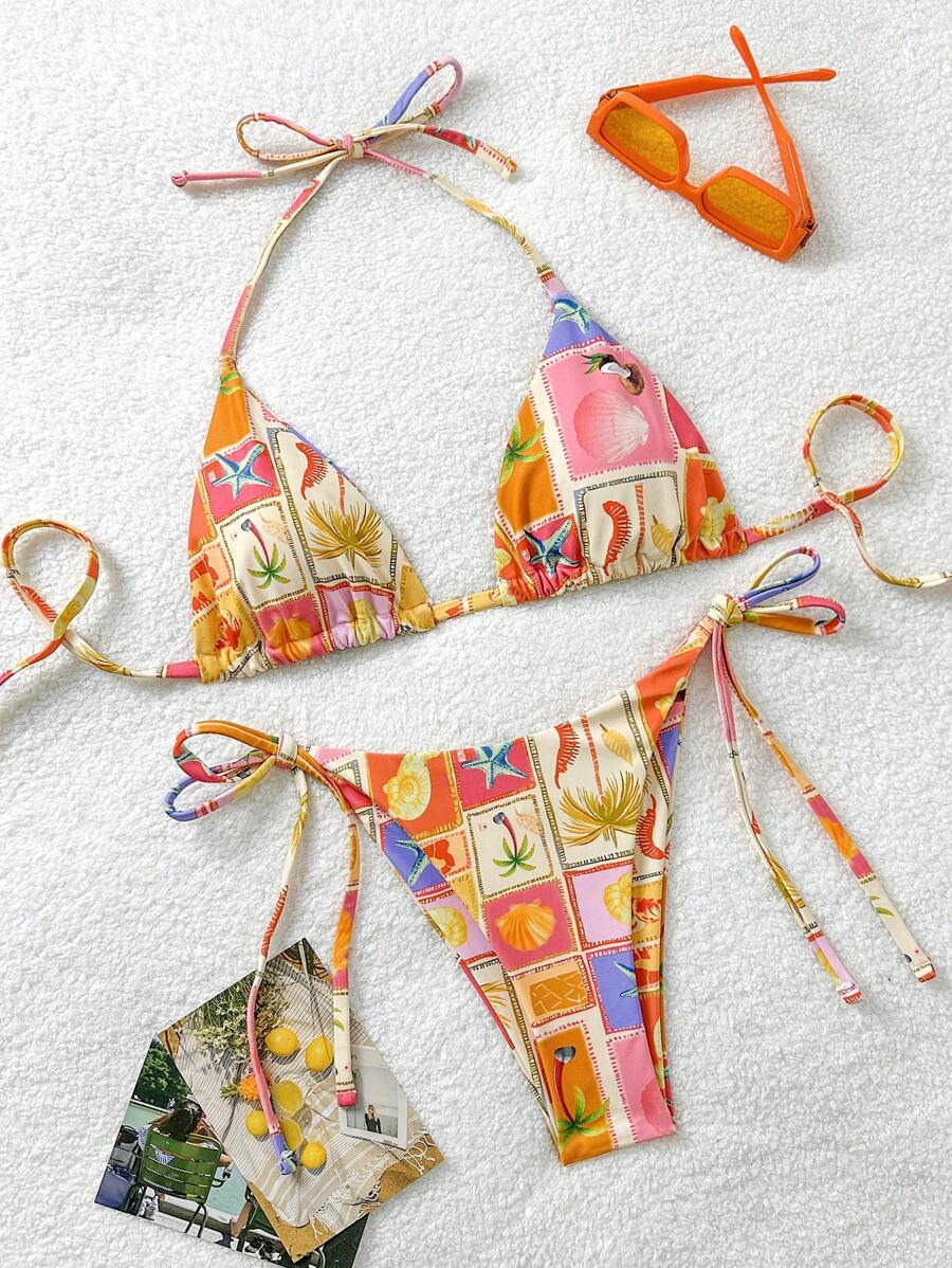 Soleia 2pcs Women Tropical Fruit Print Tie-Up Bikini Set For Vacation Summer - Multicolor - View 1