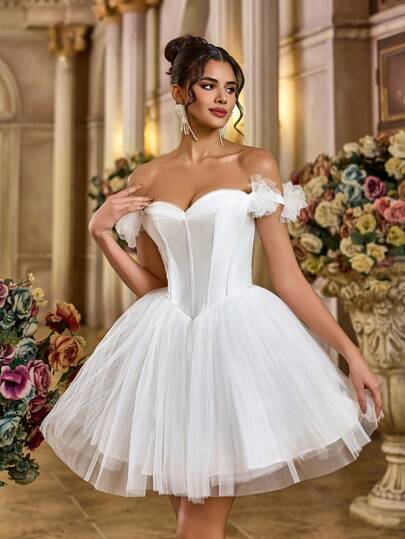 Lovelzi Luxury, Elegant, , Noble, Vintage Style, White, Satin, Contrast Mesh, Off Shoulder, 3D Floral, Corset, Flared Hem Dress, Suitable For Bachelor Party, Wedding Guest, Graduation, Vacation, Bridal Shower, Bride