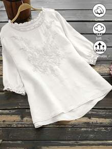 EMERY ROSE Short Eyelet Embroidery Round Neck Women Shirt - White - View 1