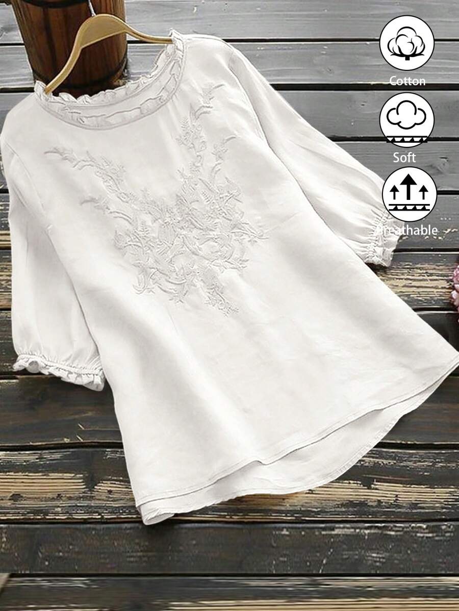 EMERY ROSE Short Eyelet Embroidery Round Neck Women Shirt - White - View 1