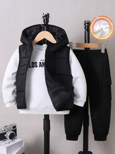 SHEIN 3 piezas/set Estilo escolar informal para niños pequeños, cómodo chaleco con capucha clásico, sudadera con cuello redondo de forro polar y pantalones, adecuado para uso diario, escuela, salidas y deportes en otoño/invierno
