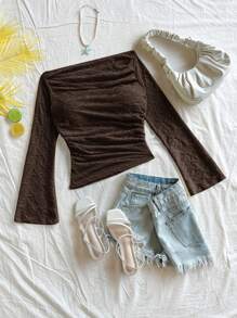 Soleia 女士纹理针织露肩泡泡袖修身短款上衣 - 咖啡棕 - 查看 4