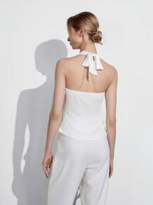 Lumivelle Women's V-Neck Twist Tie Linen Bamboo Fiber Casual Sexy City Shirt, Spring/Summer