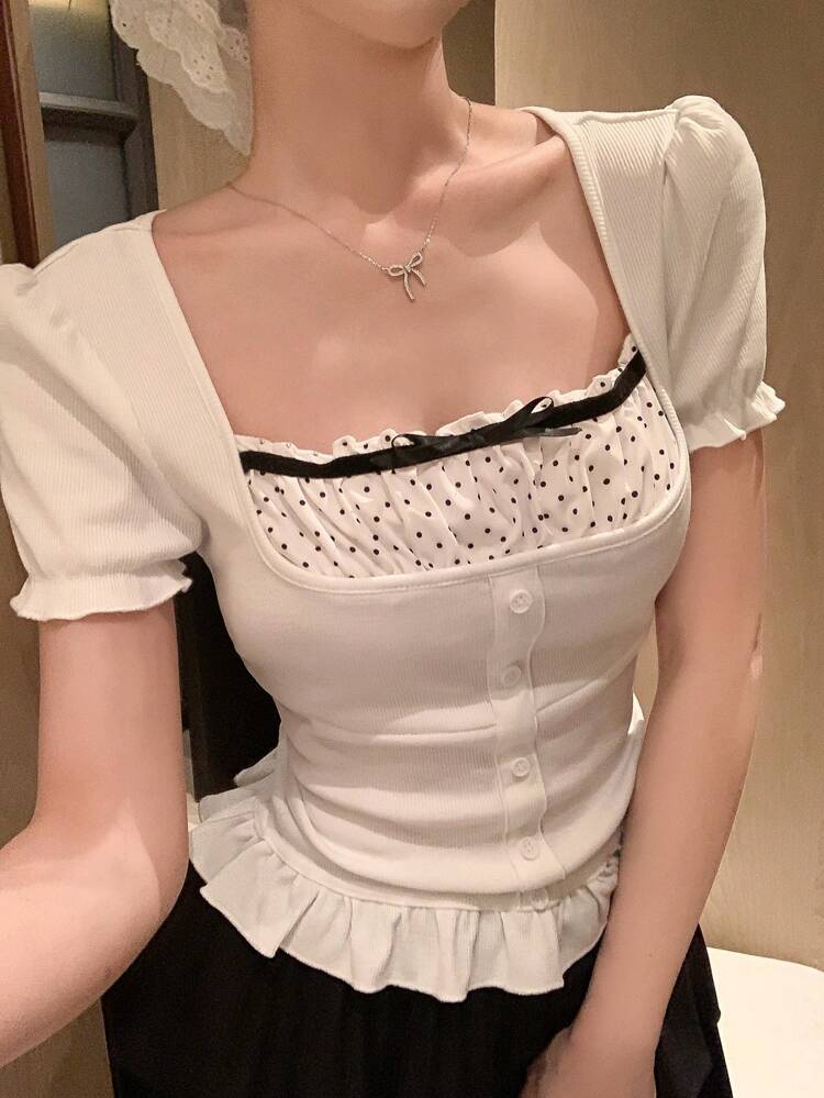 Women Contrast Color Casual Bow Decor Short Sleeve T-Shirt Babydoll Top